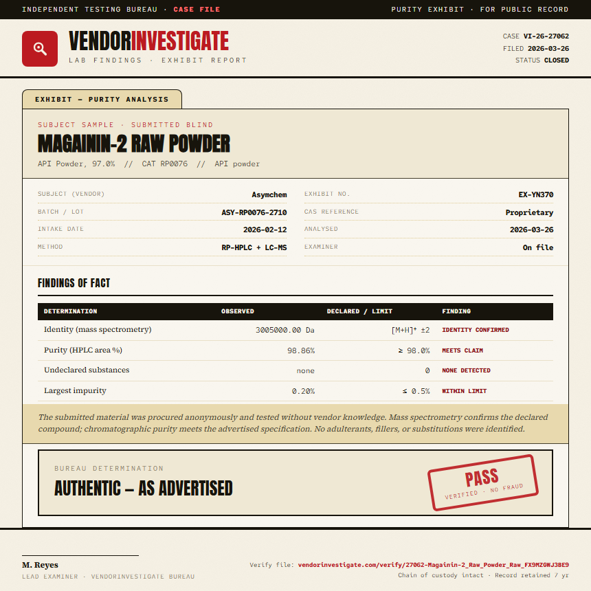 Magainin-2 Raw Powder Purity (HPLC) report by VendorInvestigate