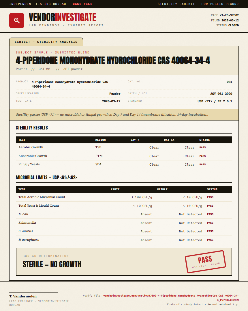 4-Piperidone monohydrate hydrochloride CAS 40064-34-4 Sterility report by VendorInvestigate