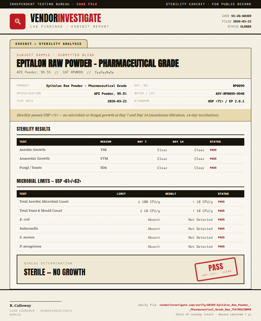 Epitalon Raw Powder - Pharmaceutical Grade Sterility report by VendorInvestigate