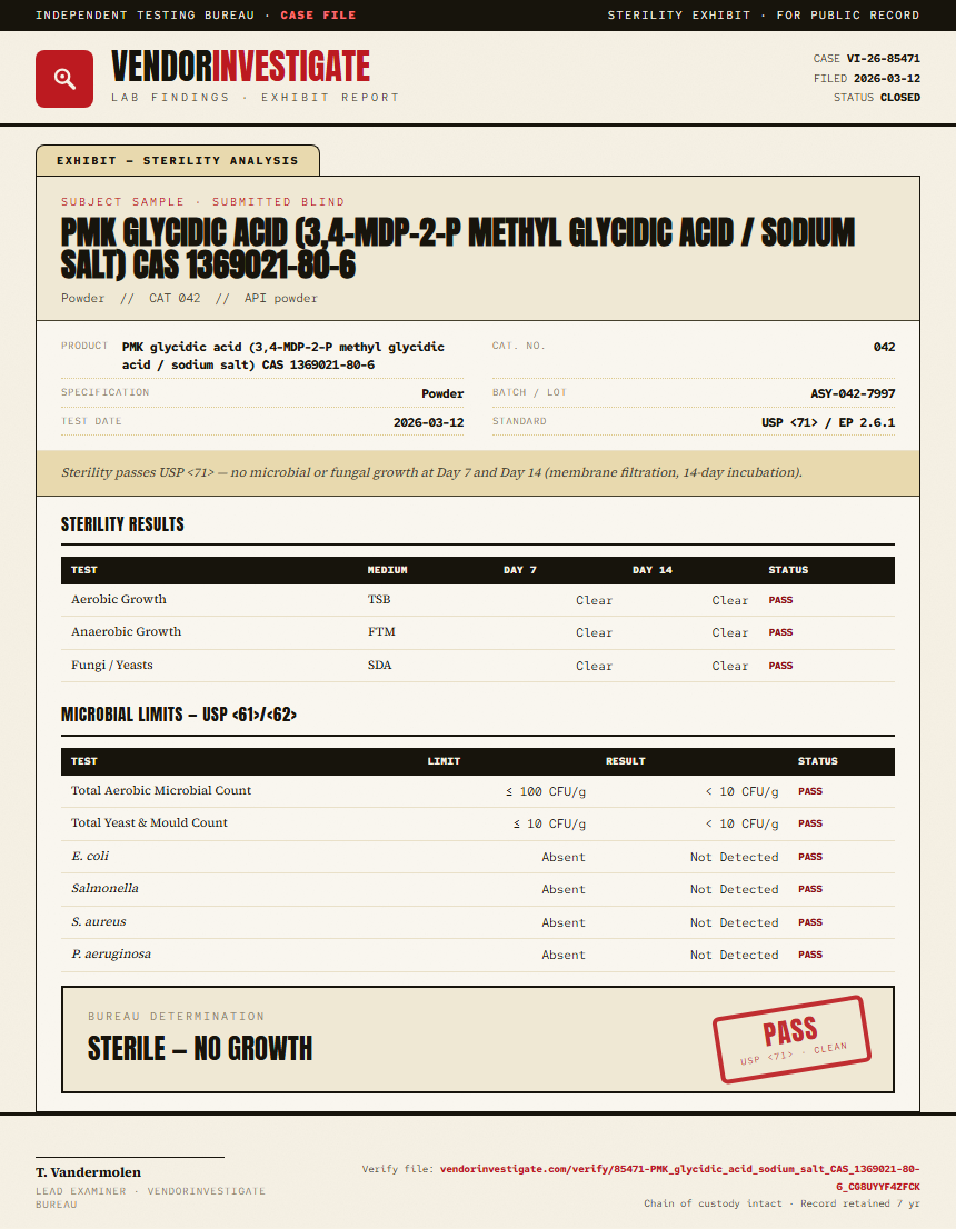 PMK glycidic acid (3,4-MDP-2-P methyl glycidic acid / sodium salt) CAS 1369021-80-6 Sterility report by VendorInvestigate